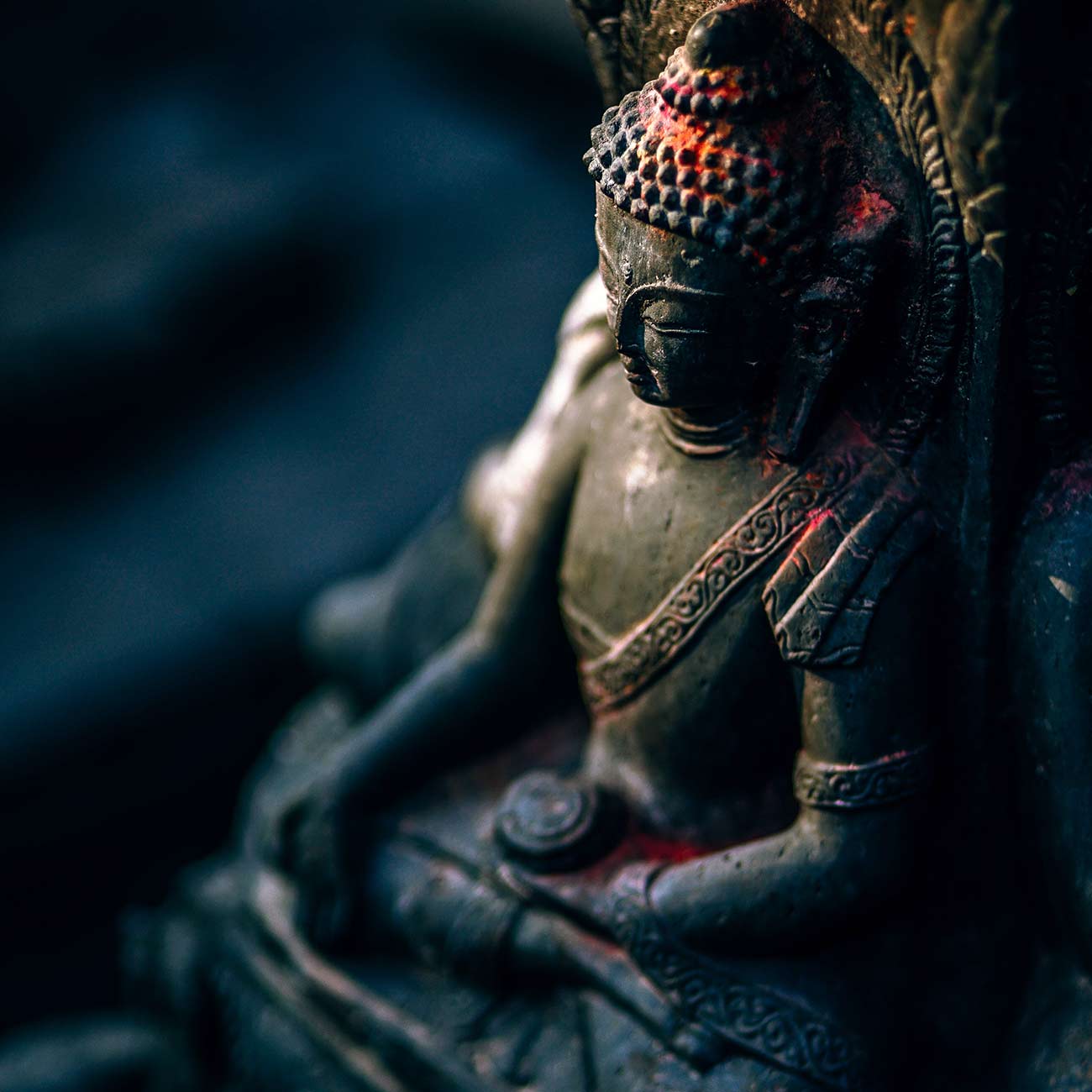 A statue of buddha sitting in the middle of a forest.